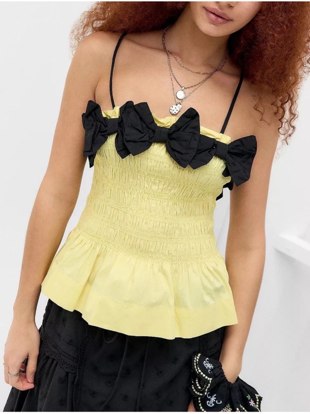 Damson Madder Size 14 Anthro Bea Top Yellow Smocked Bow Peplum Cottagecore Girly